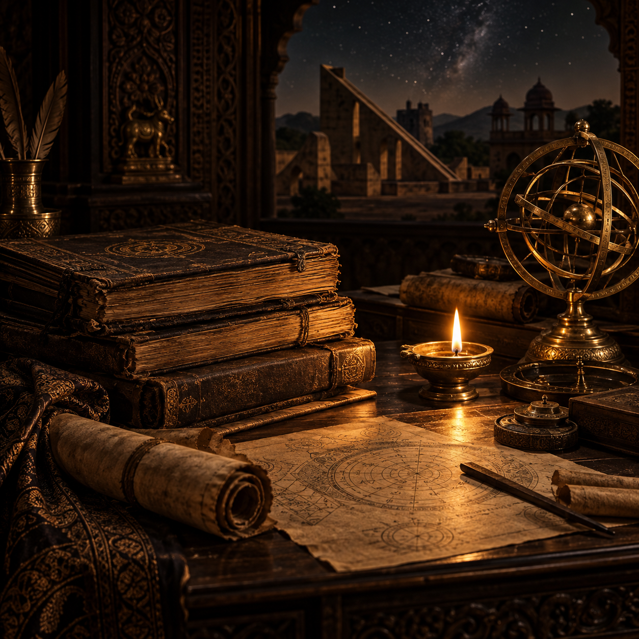 Jyotish manuscripts, brass armillary and a glowing diya