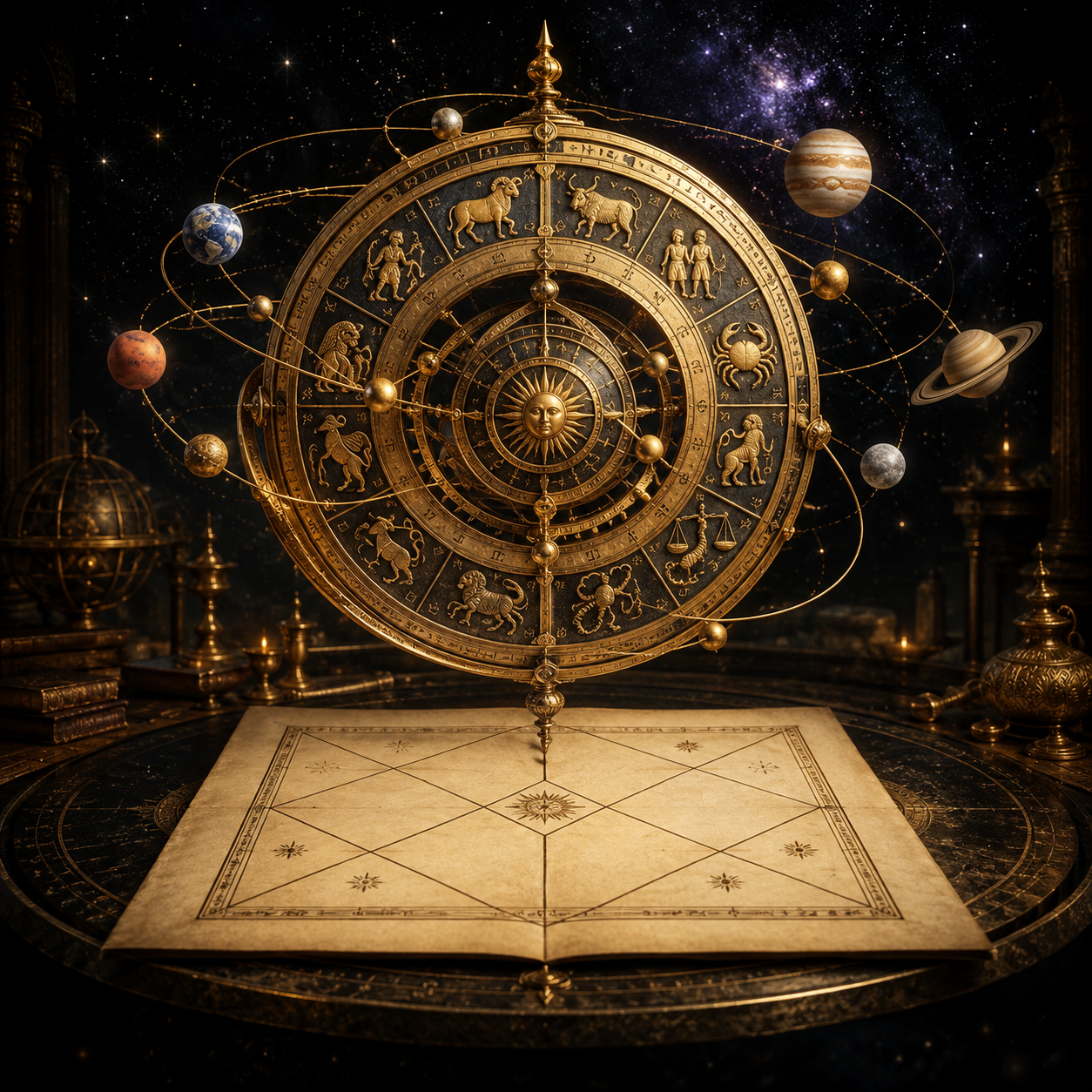 Brass astrolabe above a traditional kundli, surrounded by planets